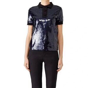 Carven Sequin Polo Tee Shirt Top Marine